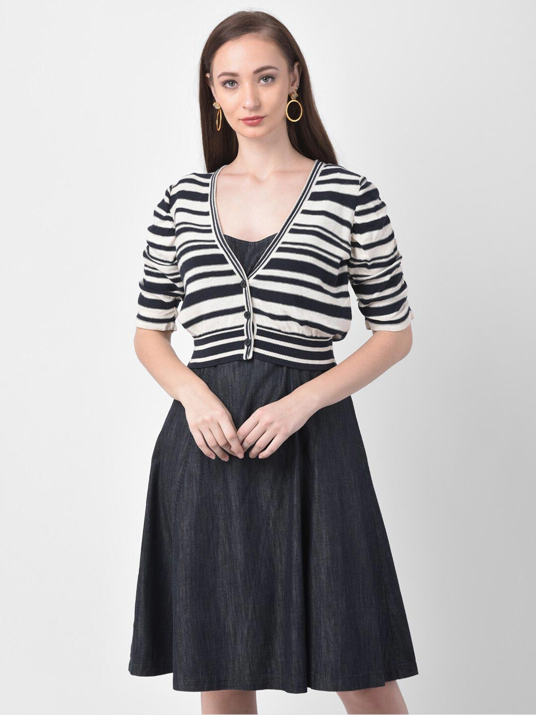 250 DESIGNS Women Black & Off White Striped Denim Knee Length Dress