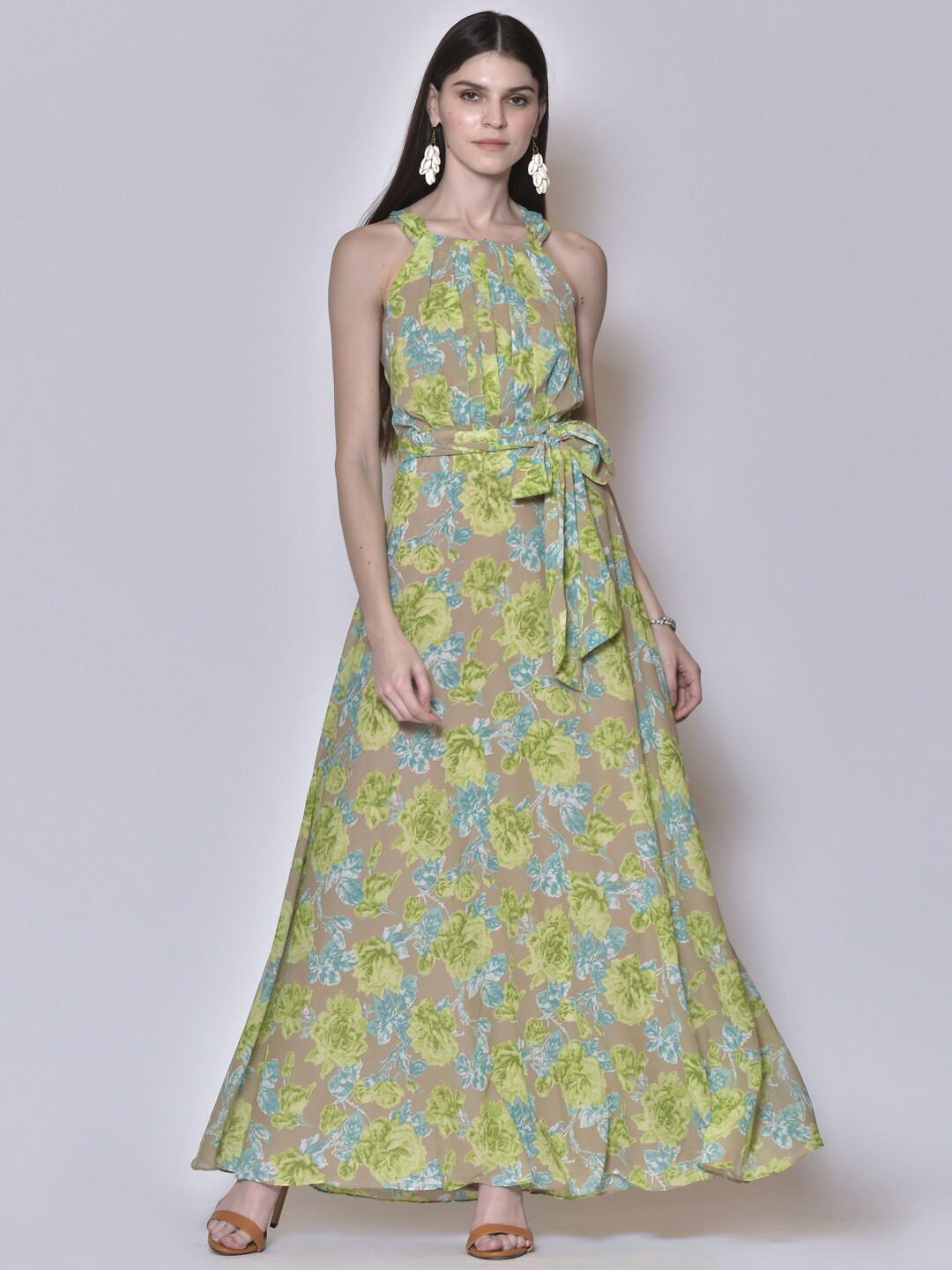 250 DESIGNS Women Green & Beige Floral Printed Georgette Maxi Dress