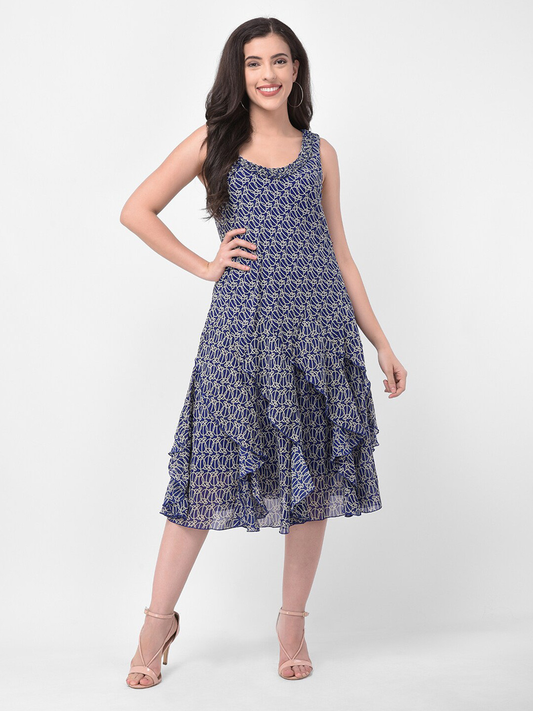 250 DESIGNS Blue Georgette A-Line Midi Dress