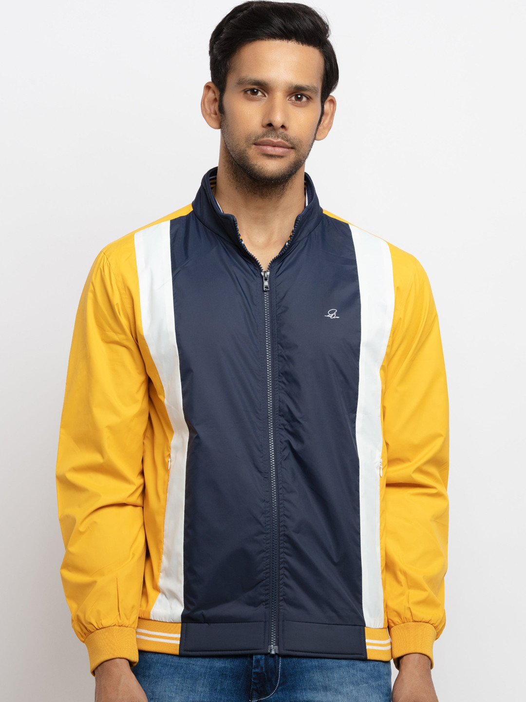 Status Quo Men Gold-Toned Navy Blue Colourblocked Sporty Jacket