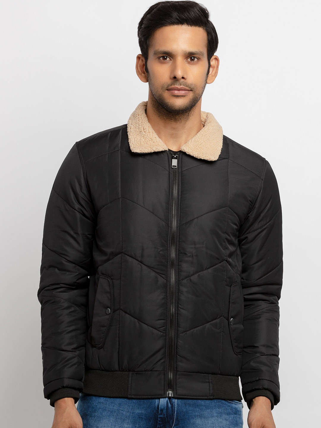Status Quo Men Black Peach-Coloured Padded Jacket