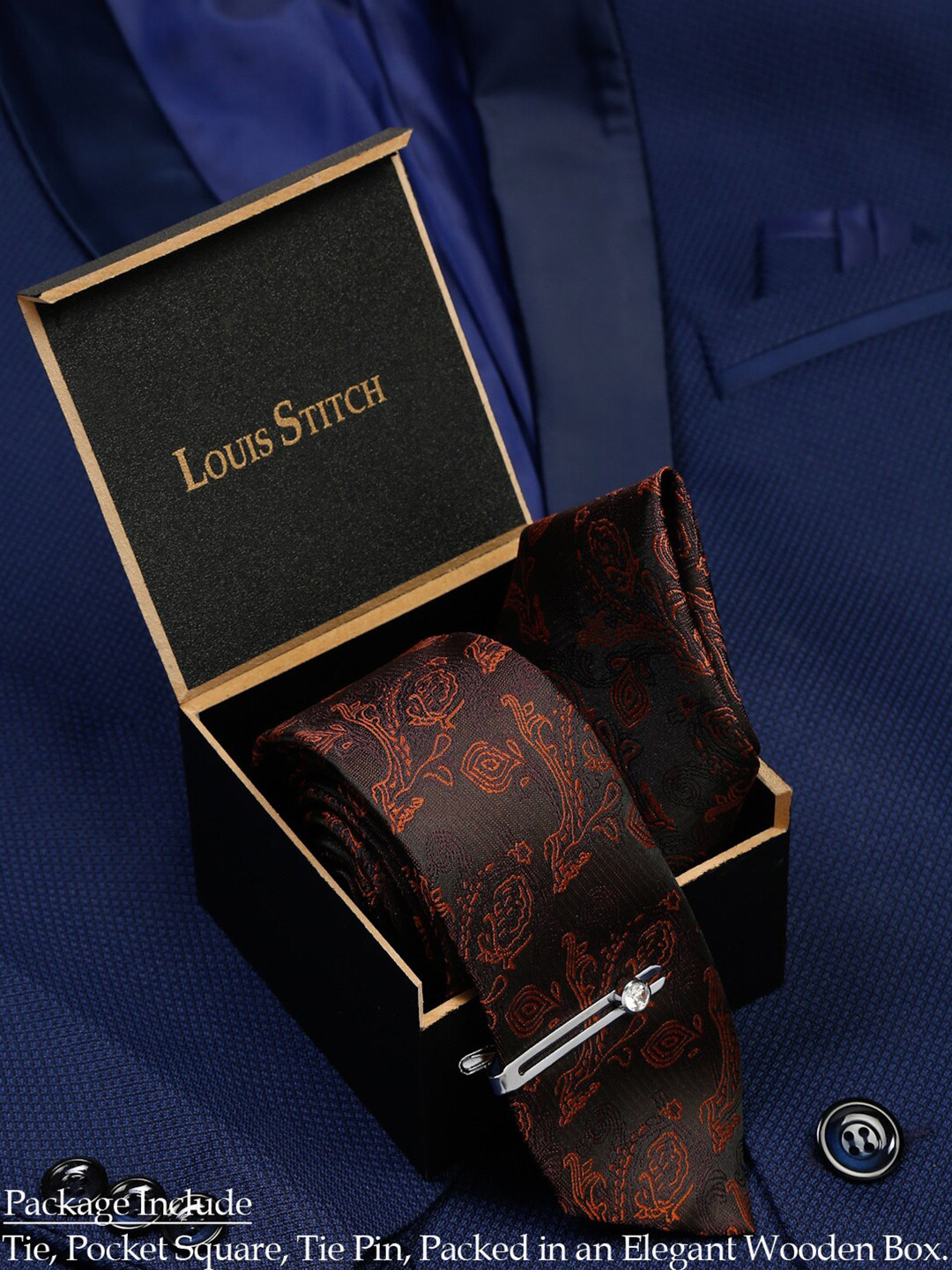 LOUIS STITCH Men Coffee Brown Italian Silk Necktie Accessory Gift Set
