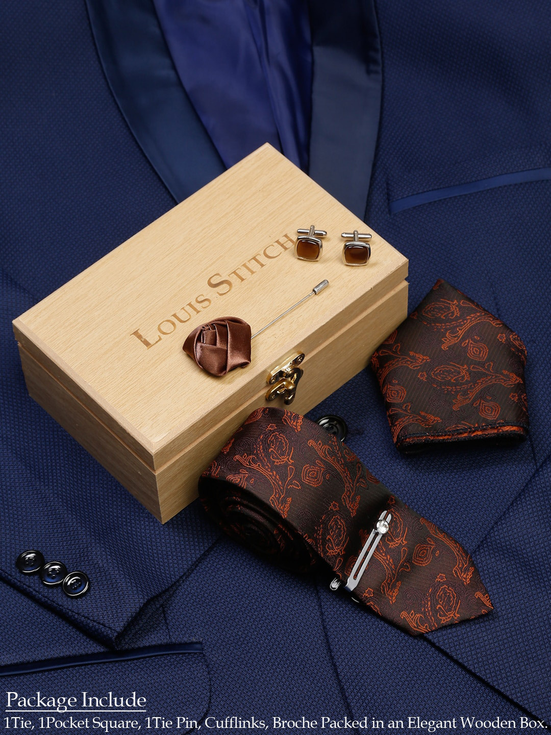 LOUIS STITCH Men Coffee Brown Italian Silk Necktie Accessory Gift Set