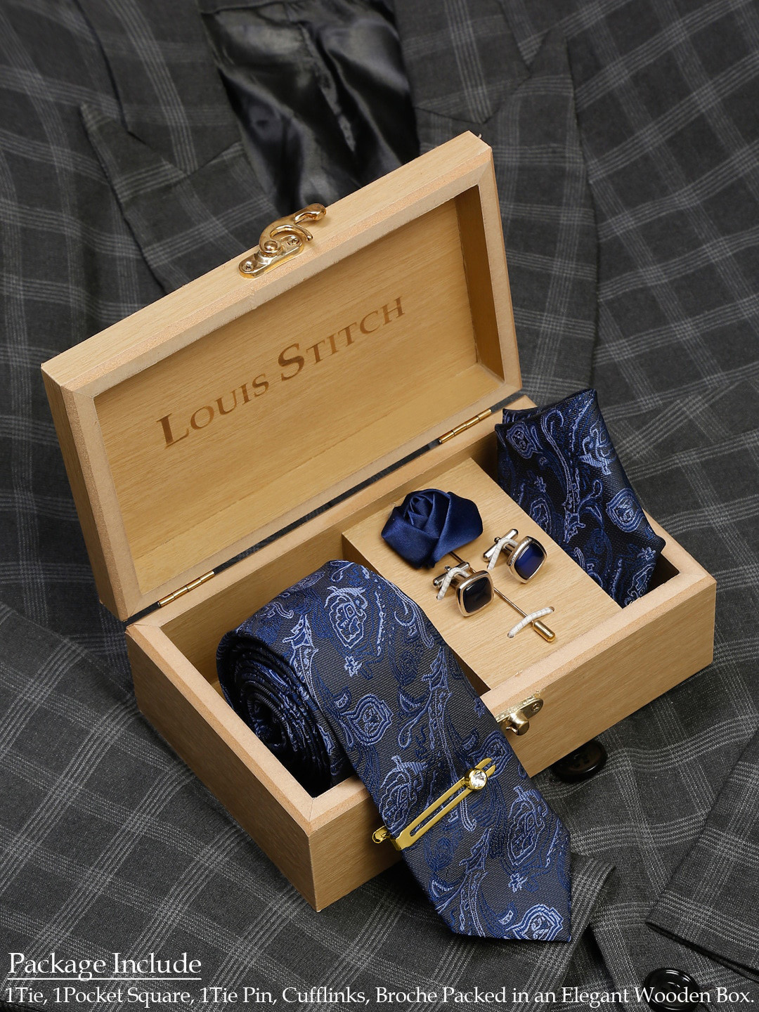 LOUIS STITCH Men Royal Blue Italian Silk Necktie Accessory Gift Set
