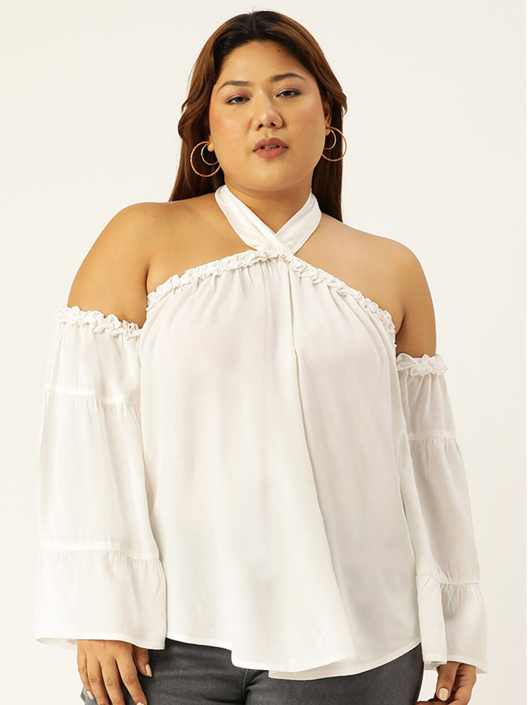 theRebelinme Plus Size White Solid Halter Neck Bardot Top