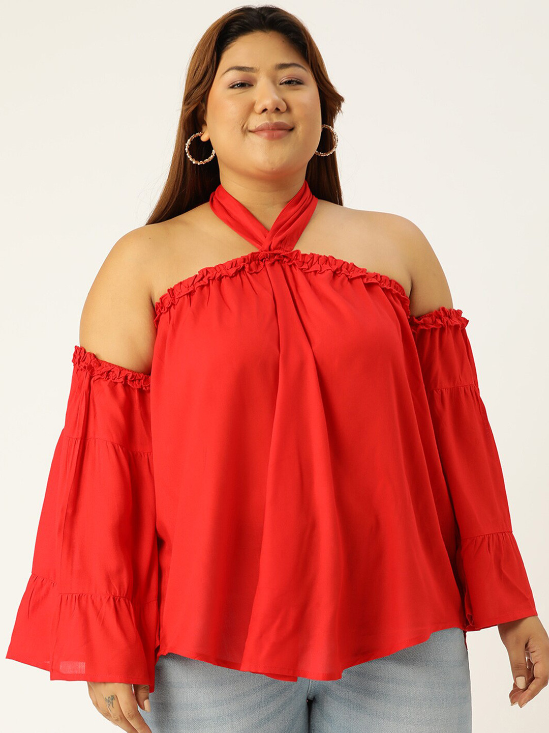 theRebelinme Plus Size Red Solid Halter Neck Bardot Top