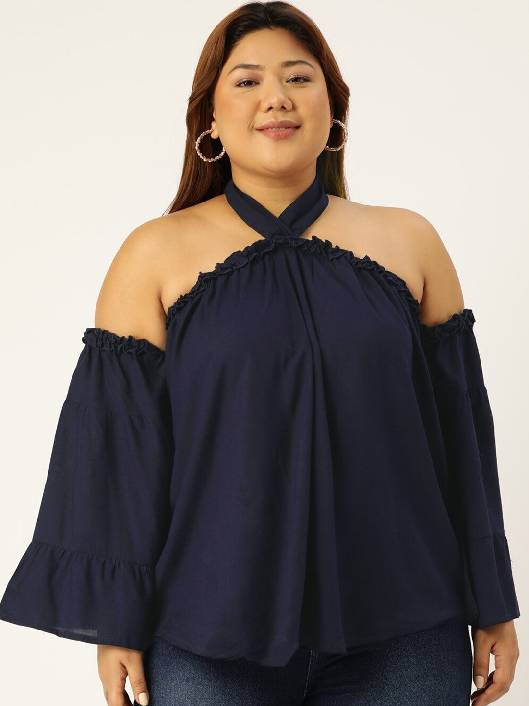 theRebelinme Plus Size Navy Blue Solid Halter Neck Bardot Top