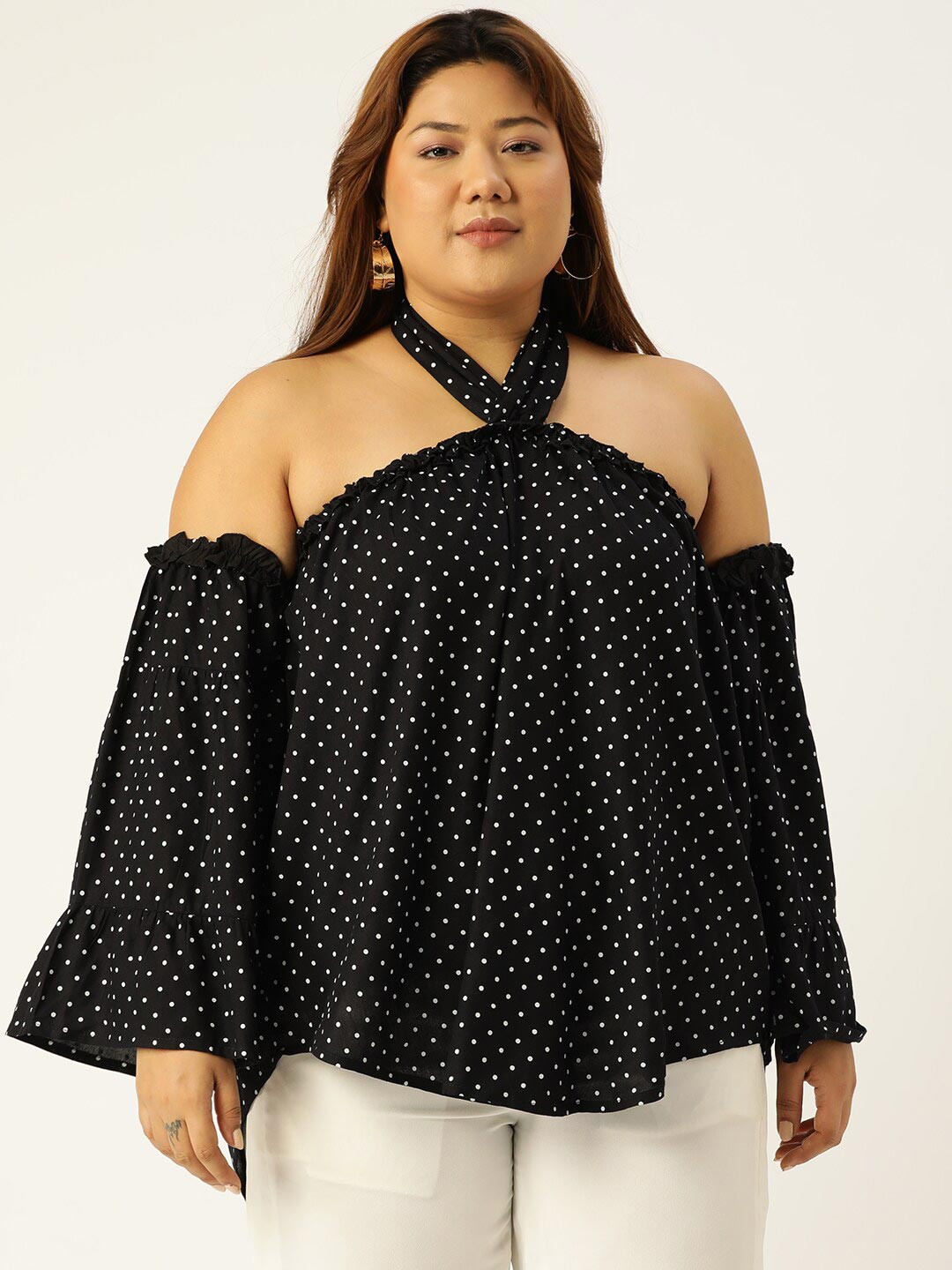 theRebelinme Black Print Halter Neck Bardot Top