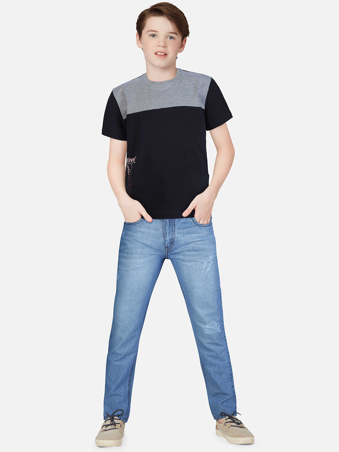Palm Tree Boys Black & Grey Typography Printed T-shirt