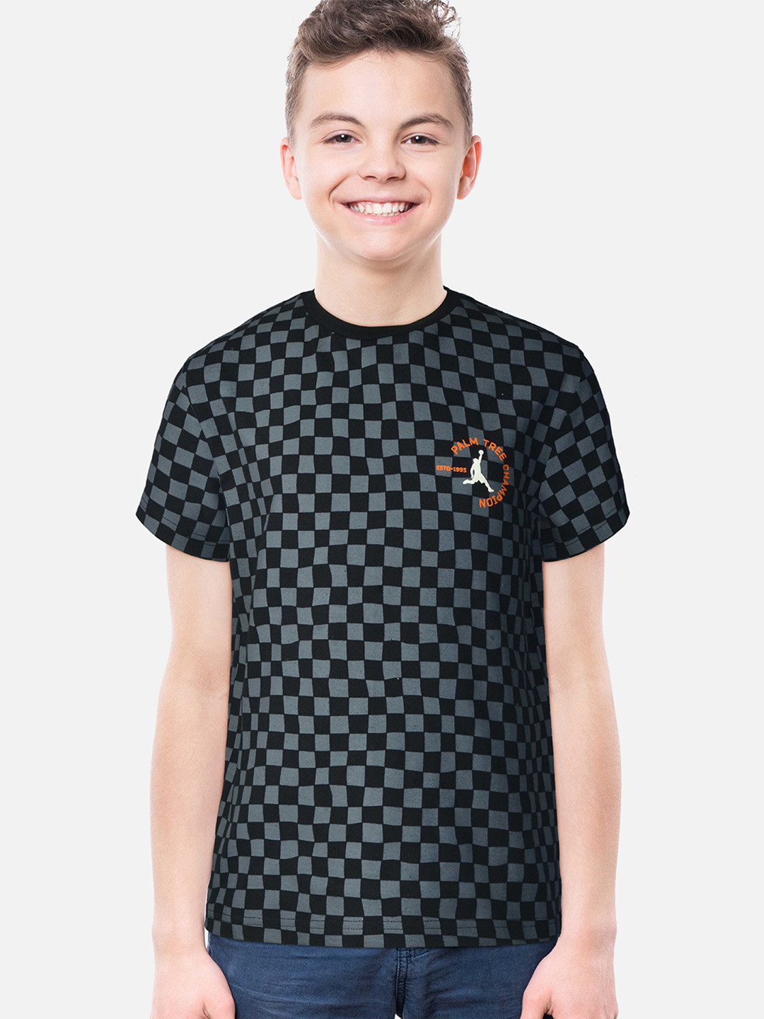 Palm Tree Boys Black & Grey Printed Monochrome T-shirt