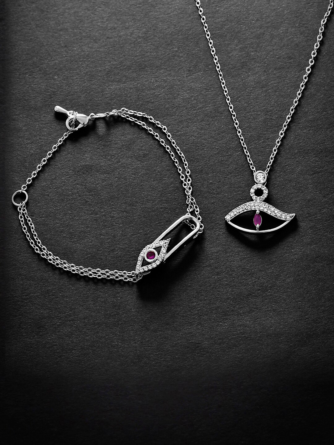 MINUTIAE Gold-Plated White Crystals Stone-Studded & Evil Eye Charm Pendant Bracelet Set