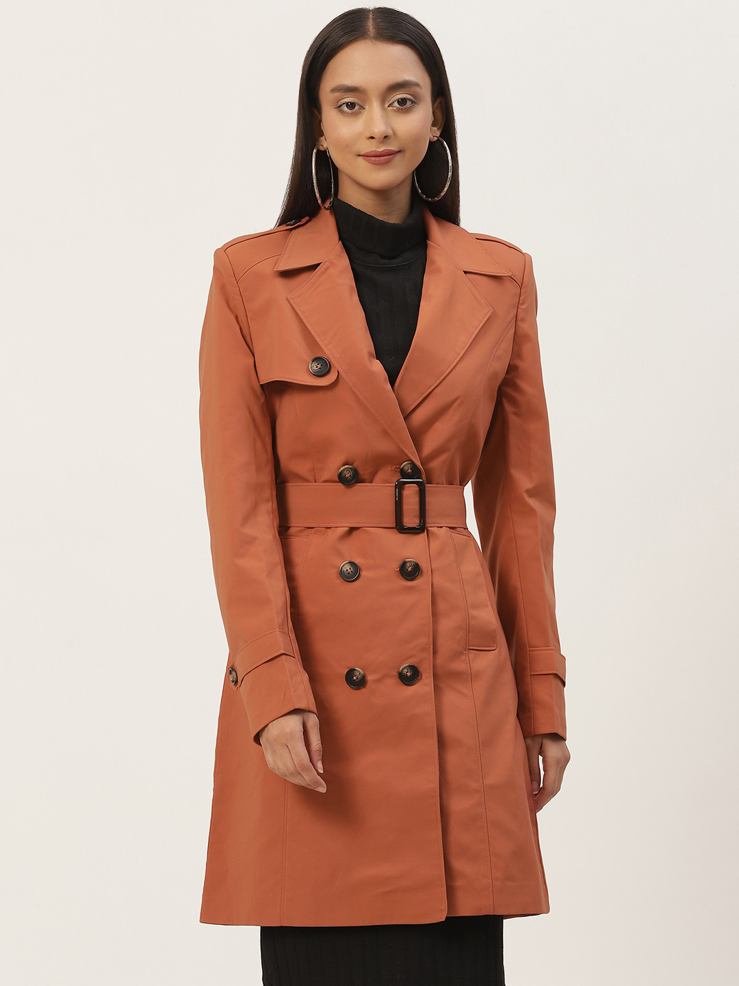 Okane Women Rust Orange Solid Notched Lapel Collar Button Detail Trench Coat with a Belt