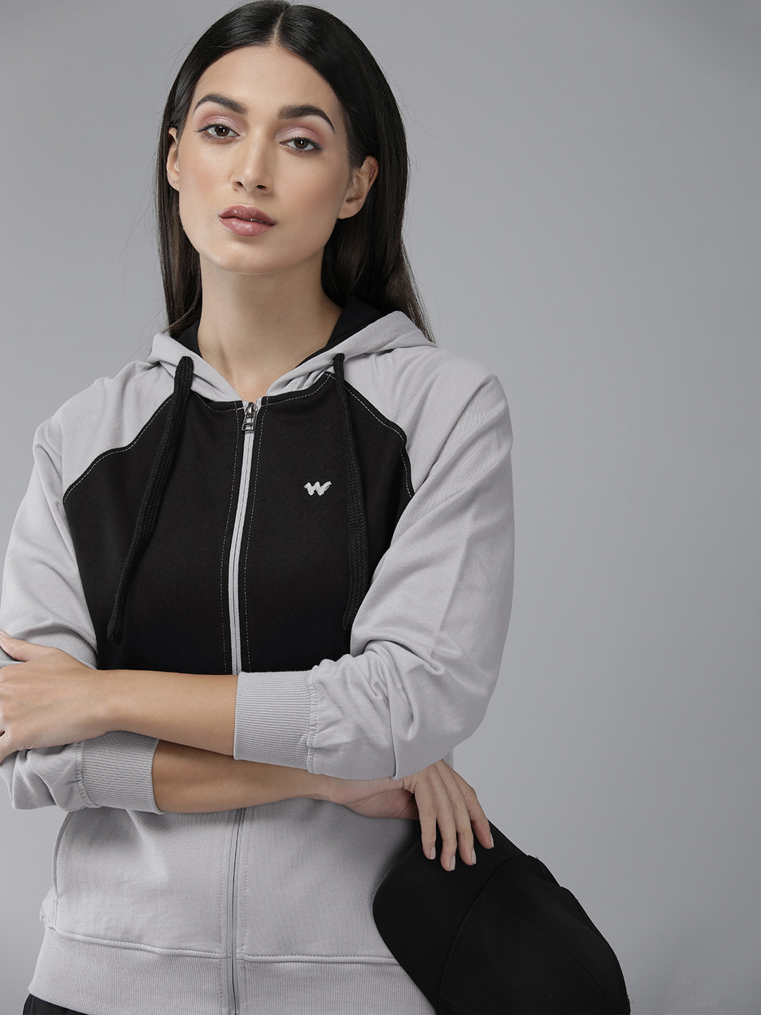 Wildcraft Women Grey And Black Colourblocked Hooded Sweatshirt