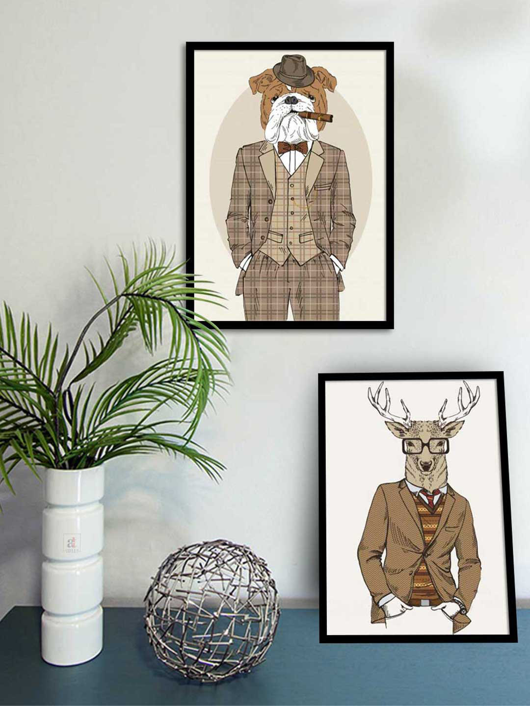 Art Street Set Of 2 Black & White Doge & Deer Funny Animal Printed Framed Wall Art