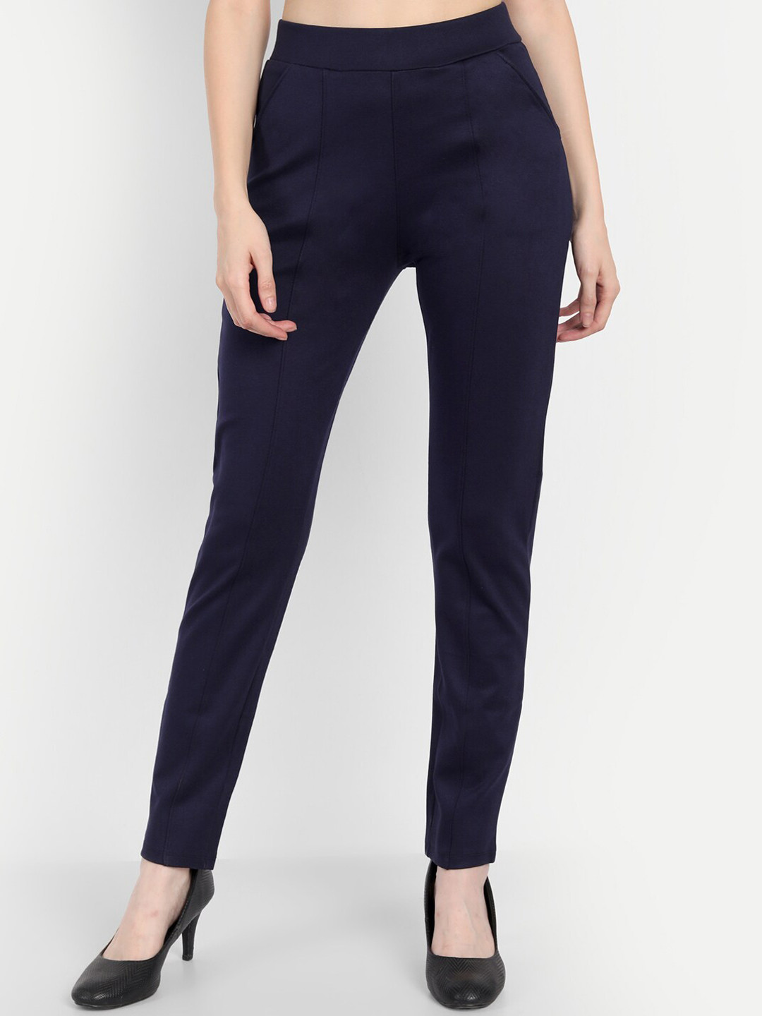 Next One Women Navy Blue Comfort Slim Fit High-Rise Easy Wash Pleated Trousers