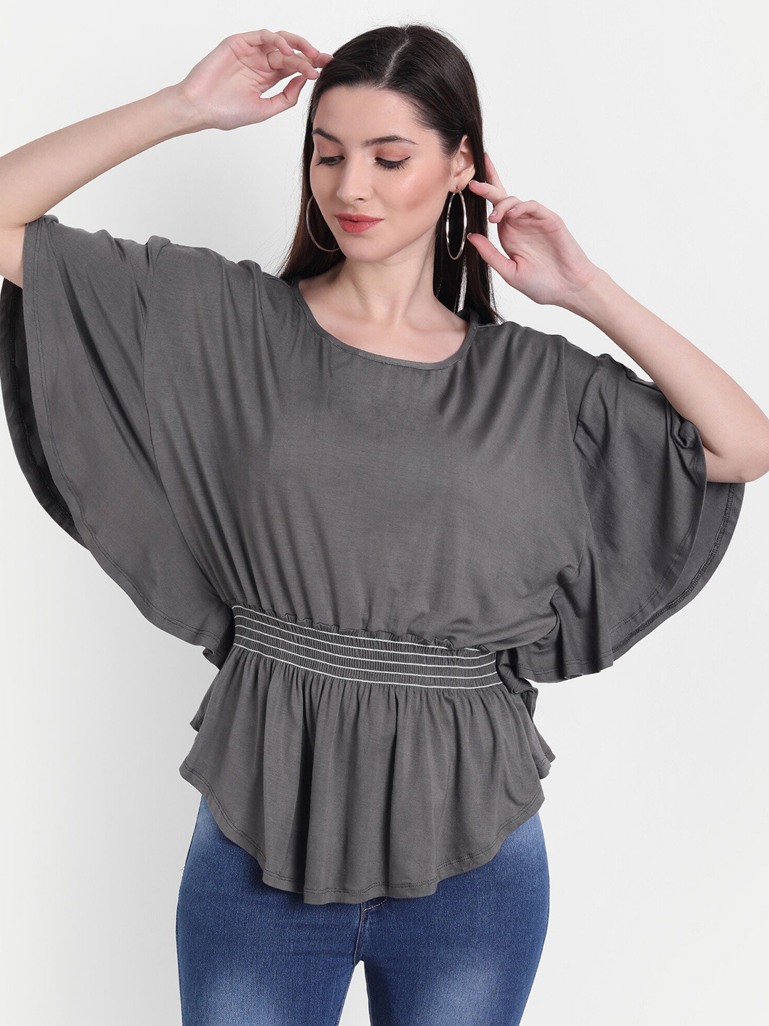 Rediscover Fashion Women Grey Batwing Jersey Top