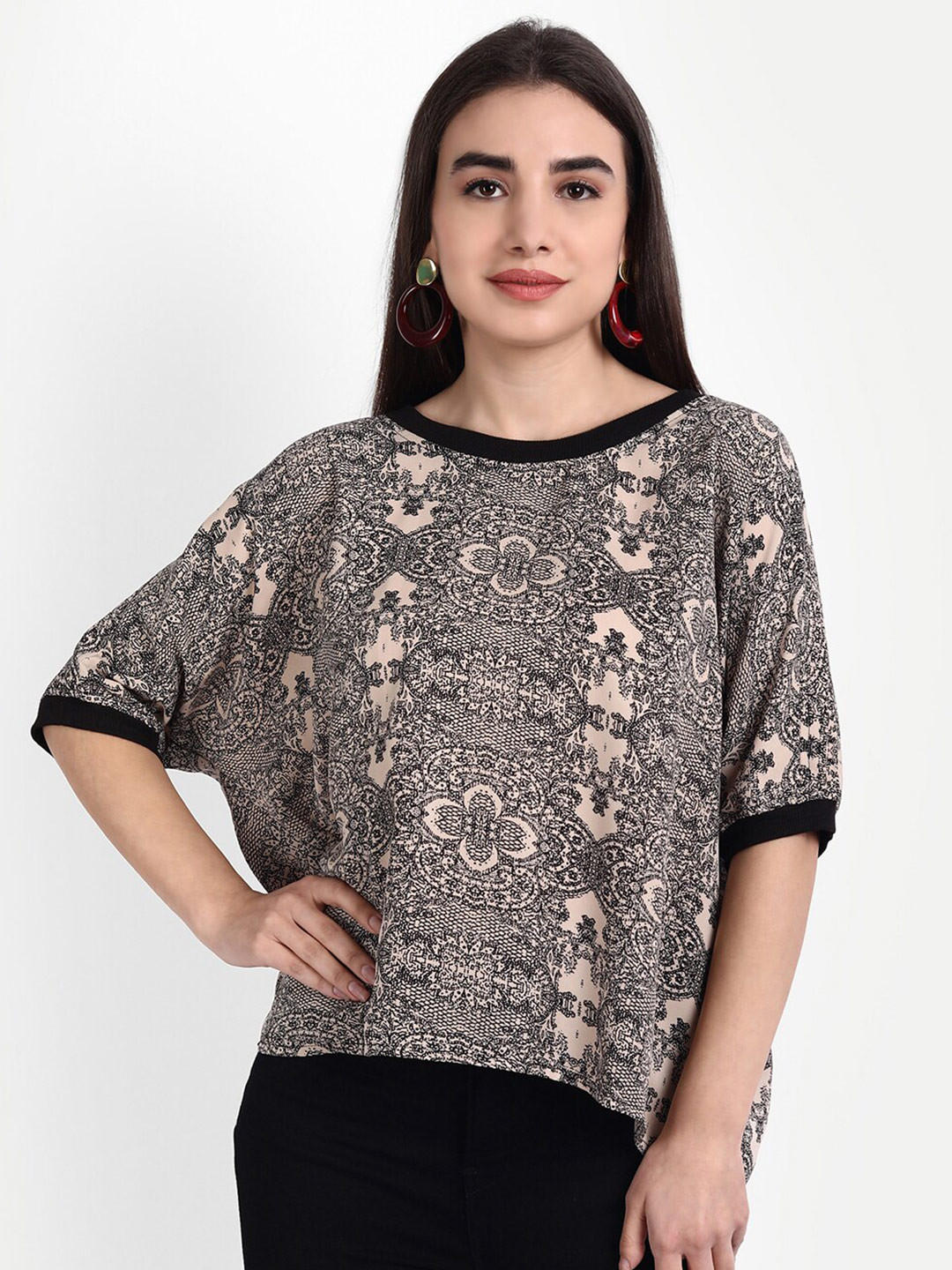 Rediscover Fashion Beige Floral Print Free Size Rib Top