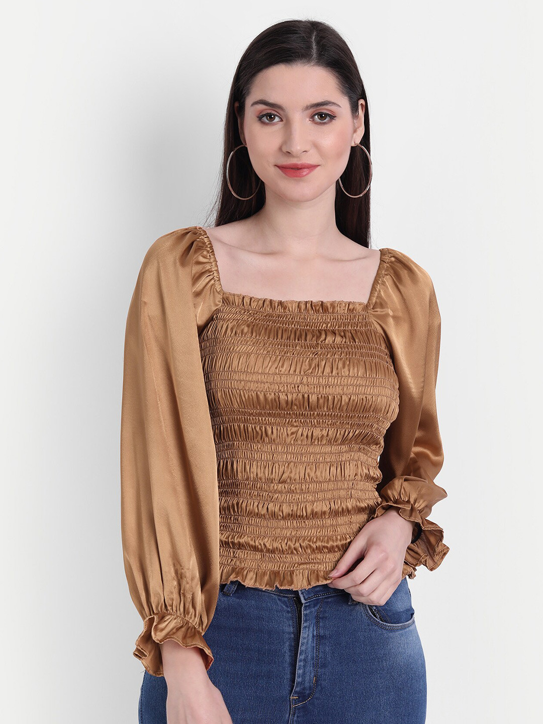 Rediscover Fashion Women Rust Smocked Satin Top