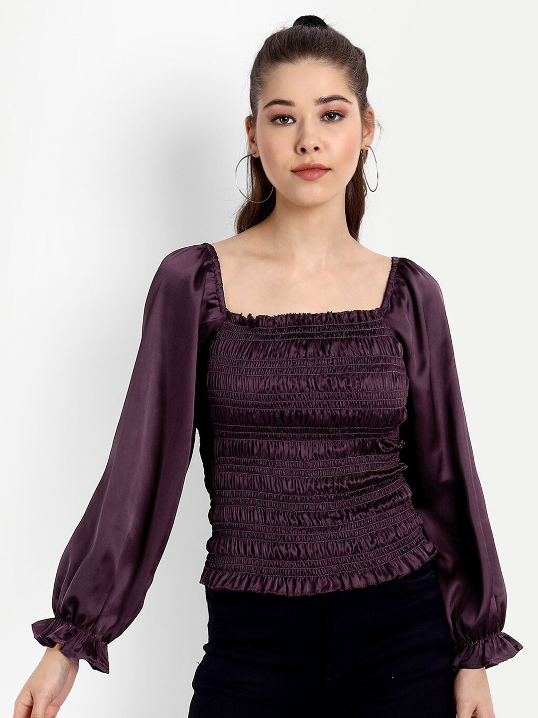 Rediscover Fashion Violet Off-Shoulder Satin Smocking Bardot Top