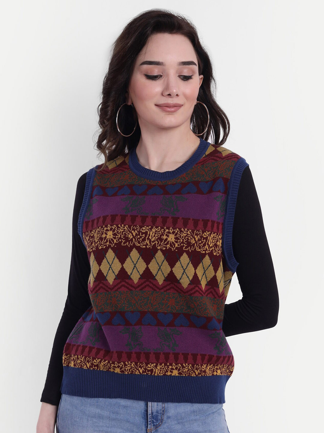 Rediscover Fashion Maroon & Blue Cotton knitted Sleeveless Top