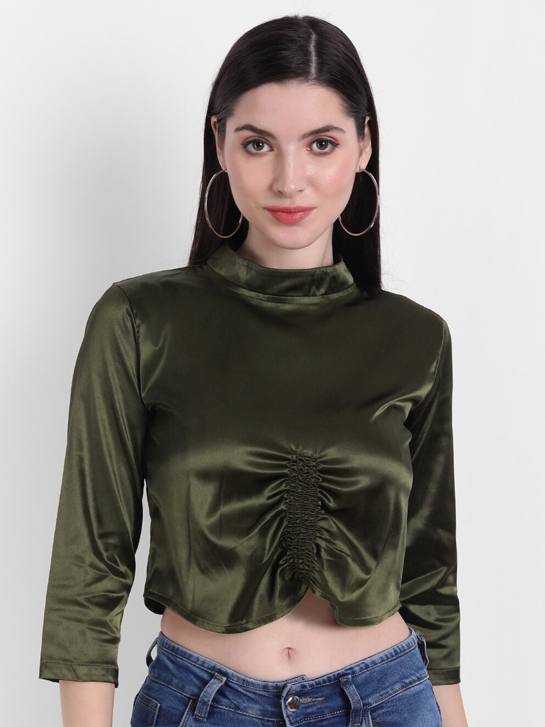 Rediscover Fashion Green Satin Smocking Strechable Crop Top