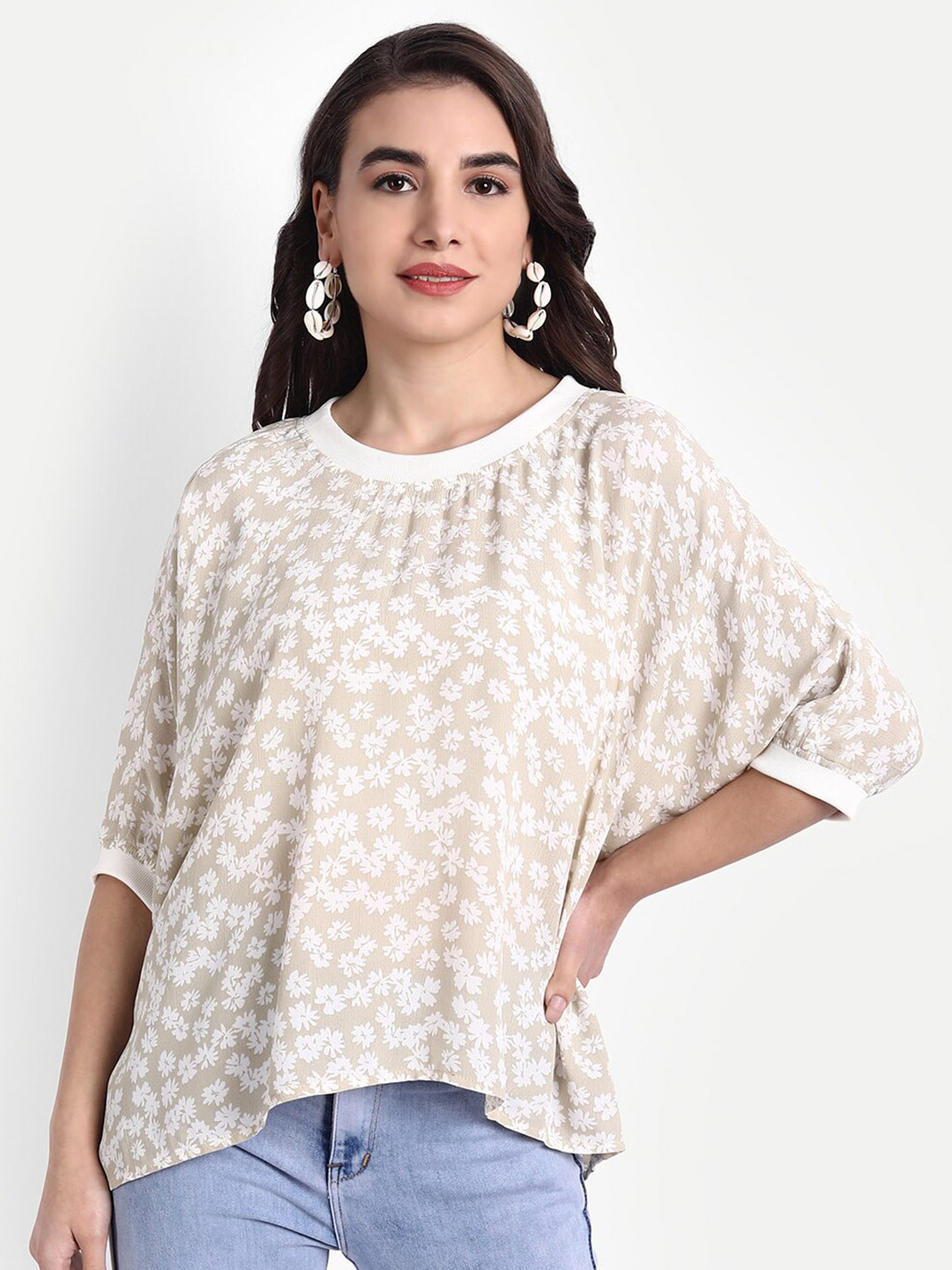 Rediscover Fashion Beige & White Floral Print Top