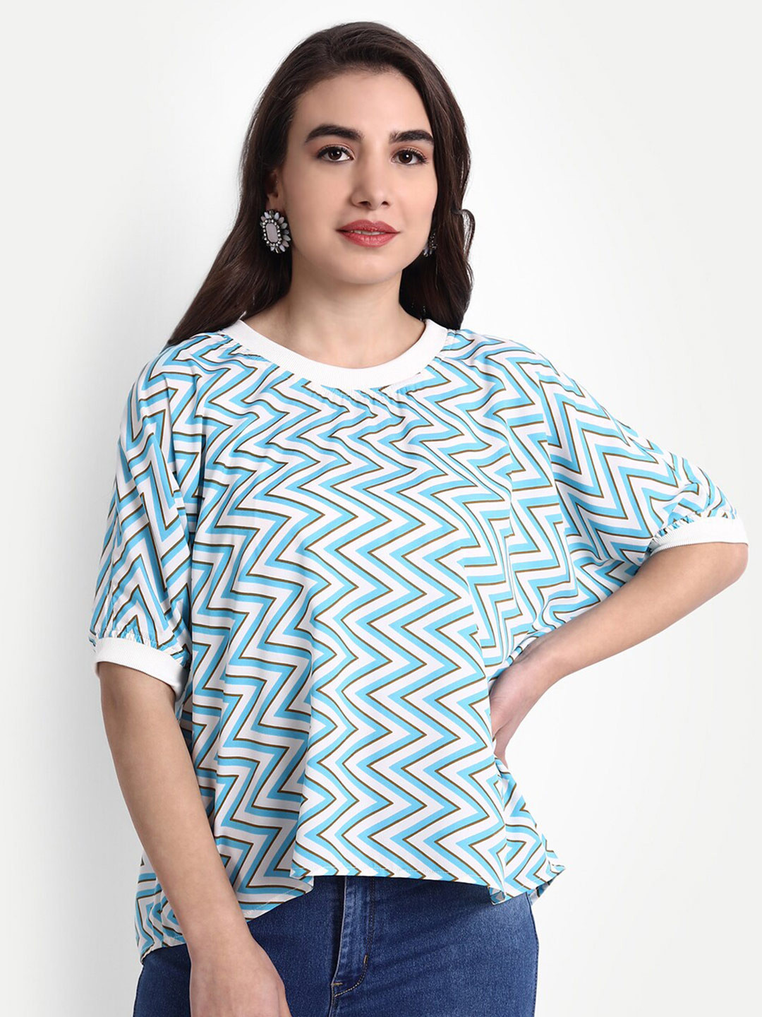 Rediscover Fashion Blue & White Zig Zag Print Free Size Rib Top
