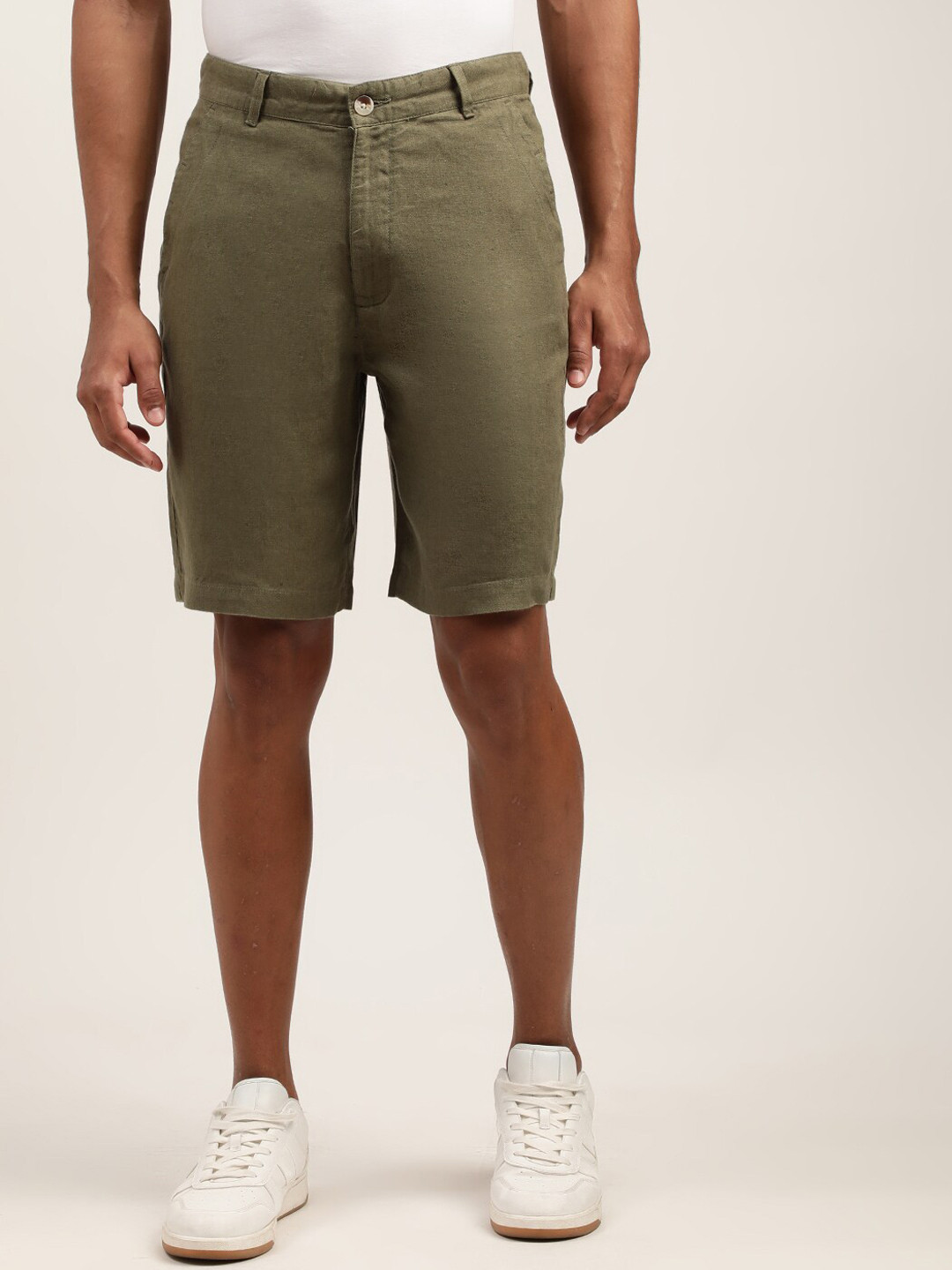 HARSAM Men Olive Green Pure Linen Shorts