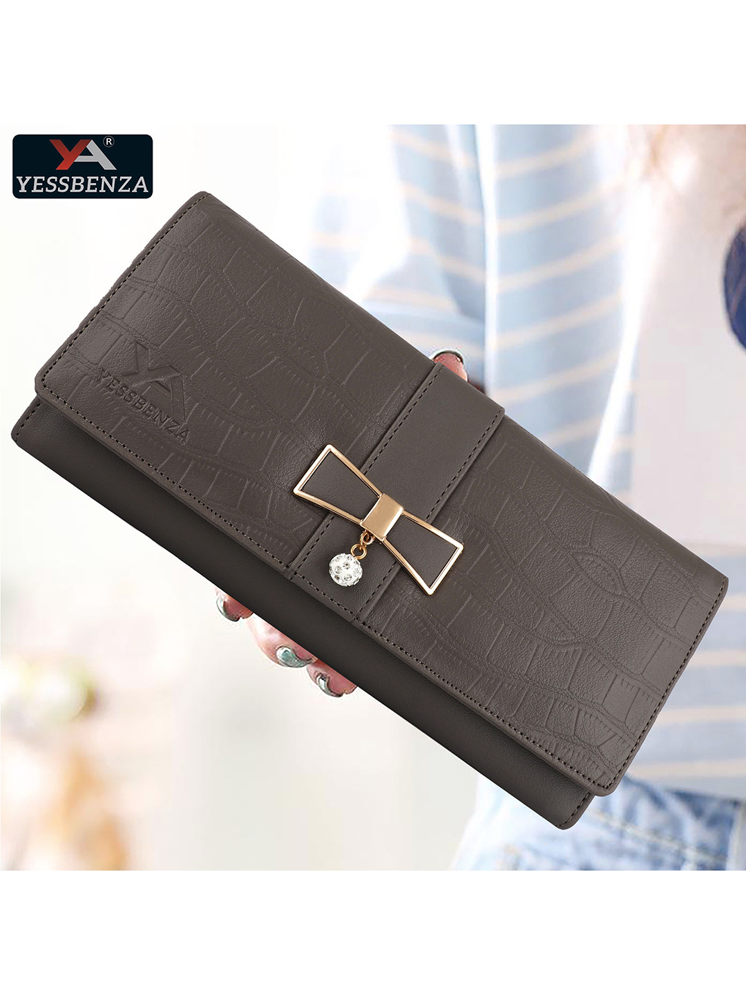 YESSBENZA Brown Bow Detail Foldover Clutch