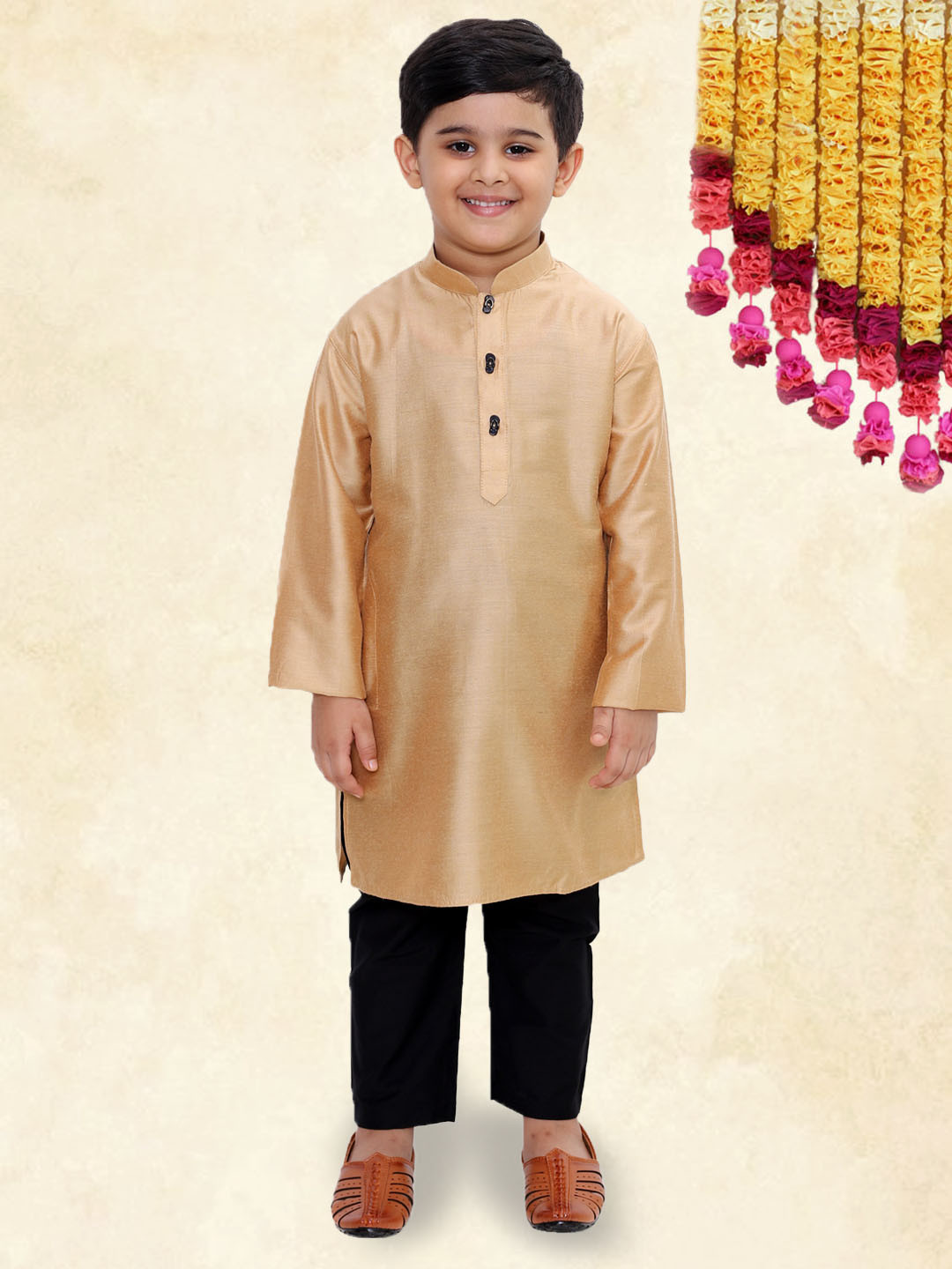 YK Boys Rose Gold Straight Mandarin Collar Kurta with Pyjama