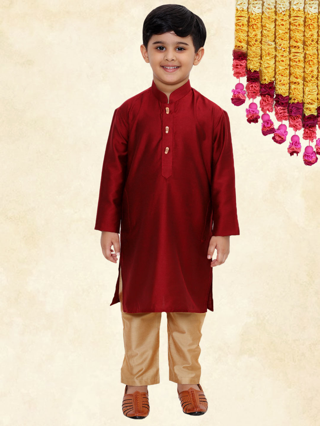 YK Boys Maroon Straight Mandarin Collar Kurta with Cream Pyjama