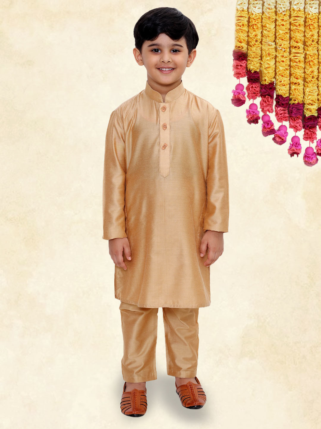 YK Boys Rose Gold Straight Mandarin Collar Kurta with Pyjama