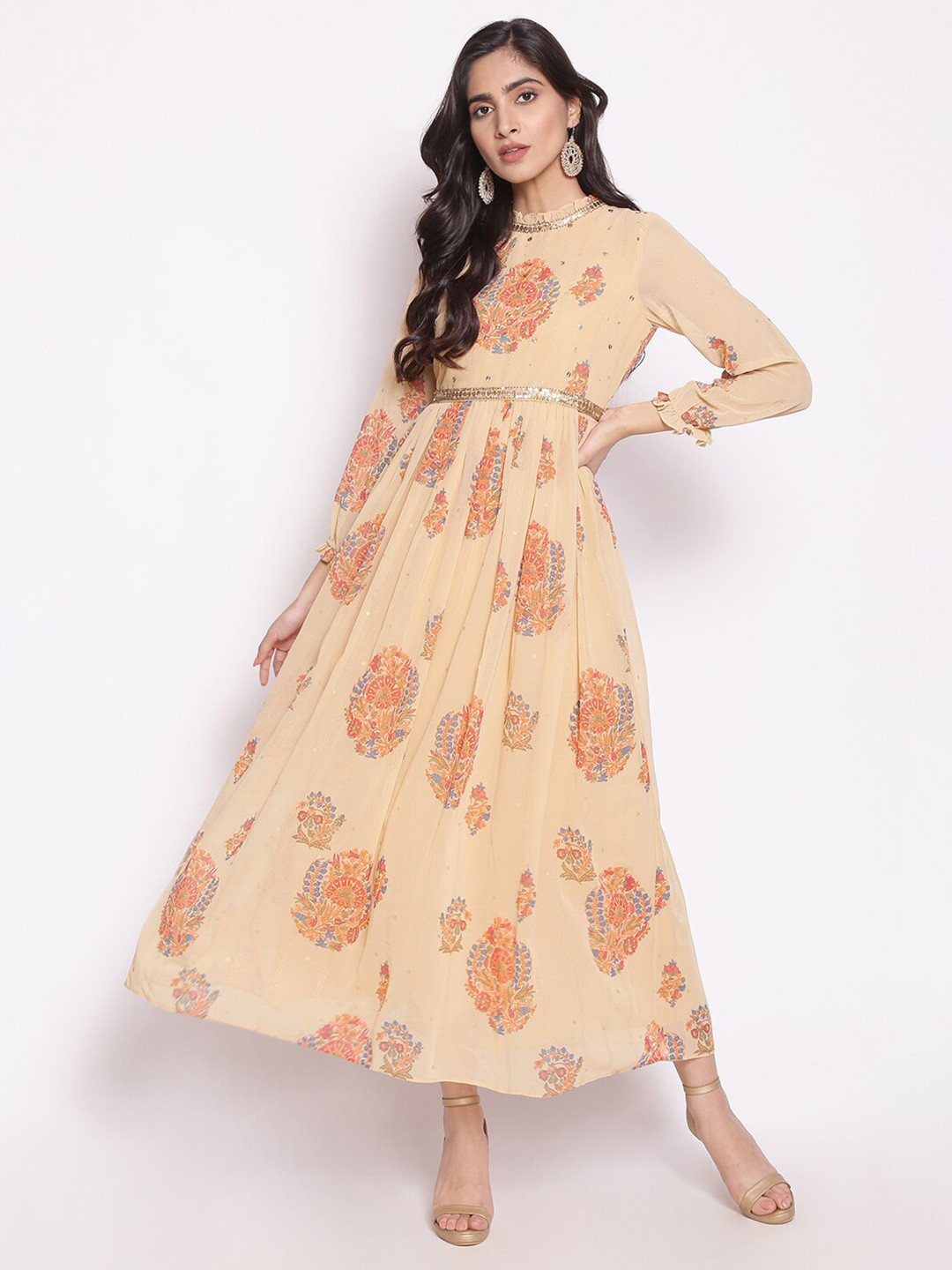 WISHFUL Yellow & Orange Printed Fit & Flare Maxi Dress