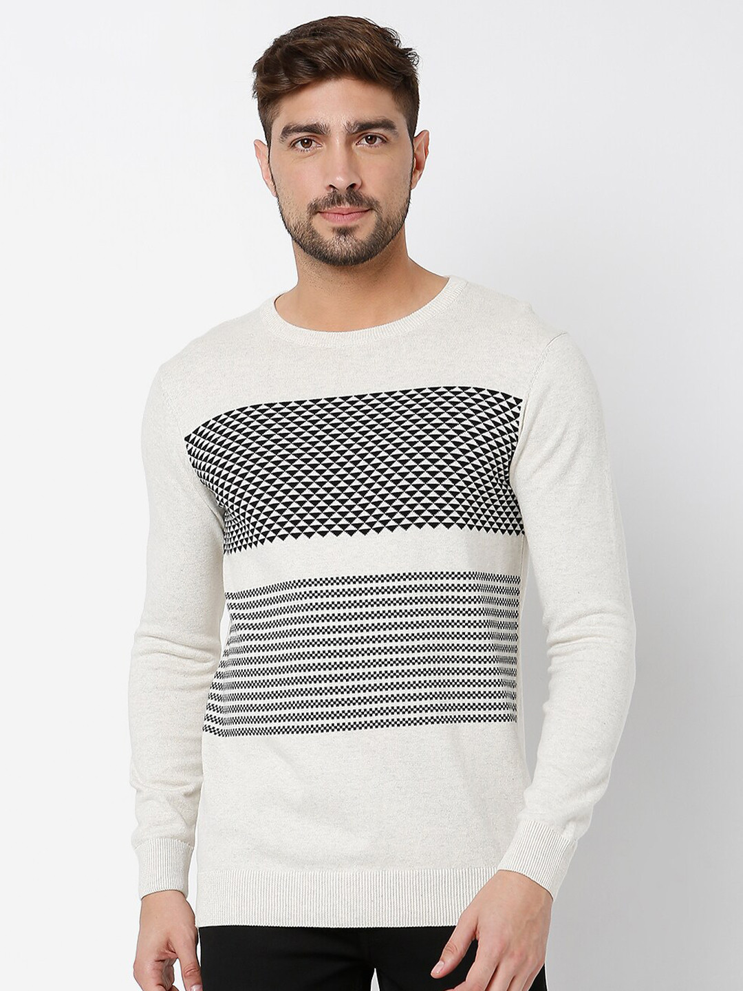 Mufti Men White & Black Round Neck Full Sleeve Sweater