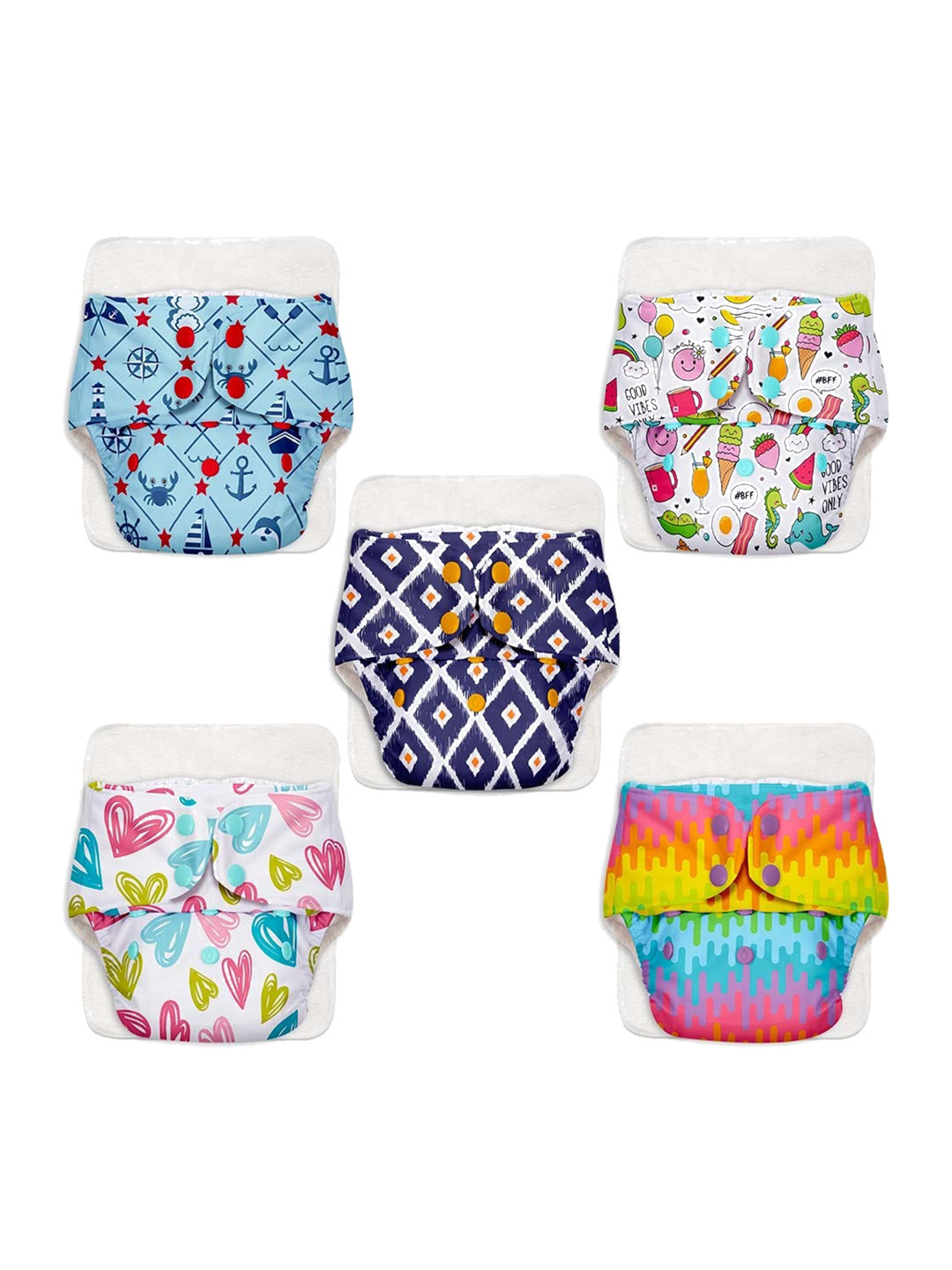 SuperBottoms Infant White And Blue Printed Set Of 5 Cloth Diapers