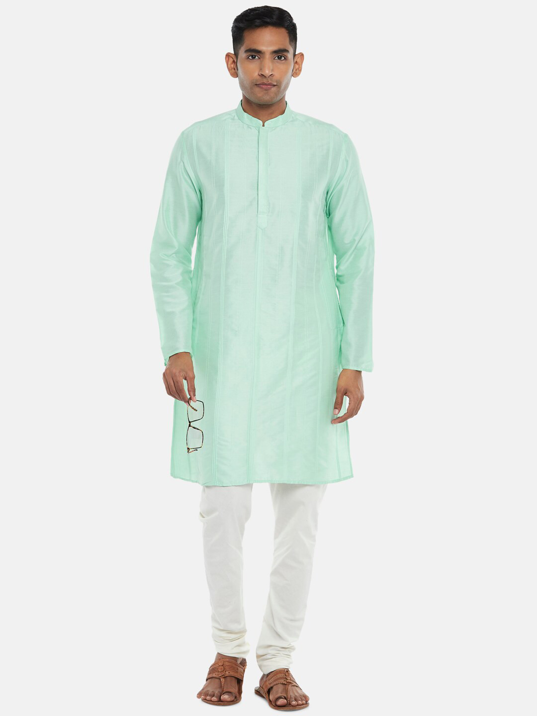 indus route by Pantaloons Men Pista Green Thread Work Kurta