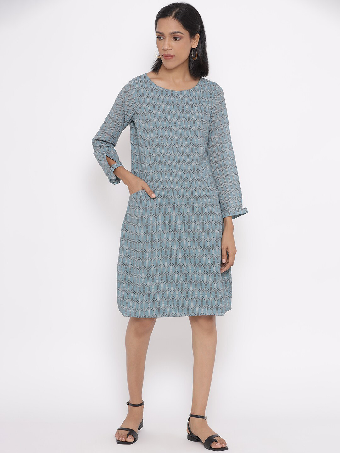 W Sea Green Geometric Printed A-Line Dress