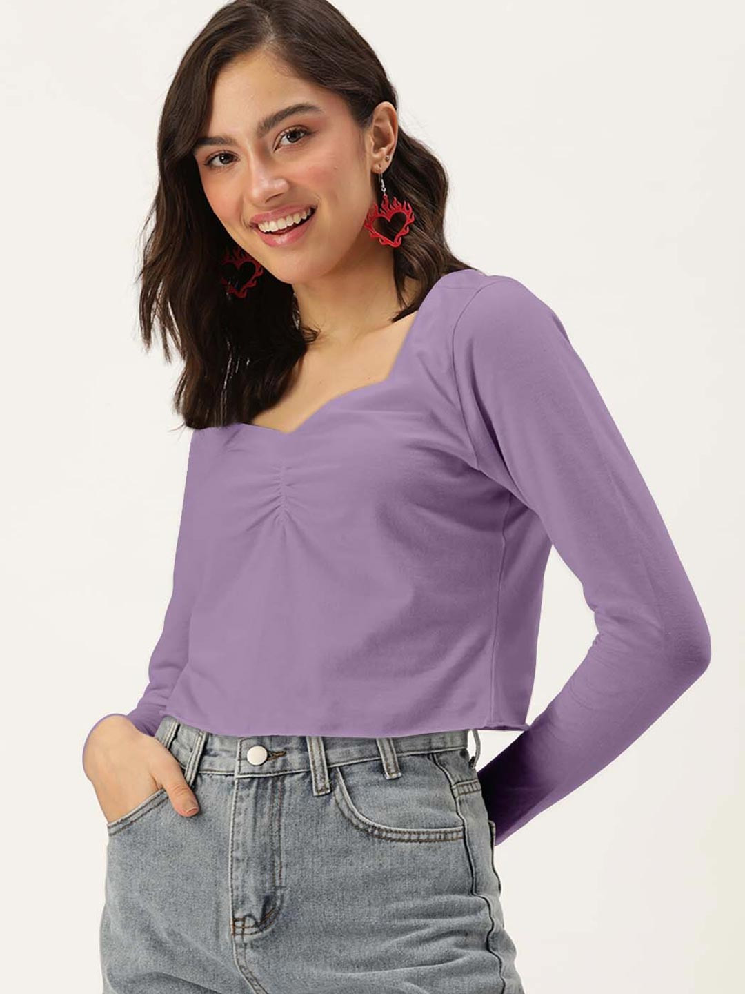 DressBerry Lavender Sweetheart Neck Ruched Crop Top