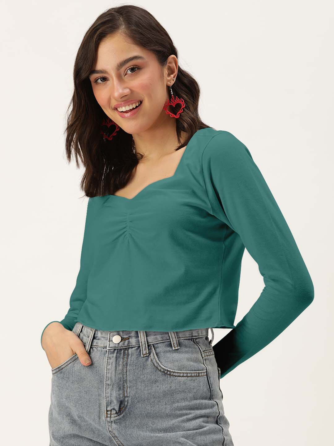 DressBerry  Women Teal Solid Sweetheart Neck With Long Sleeves Top