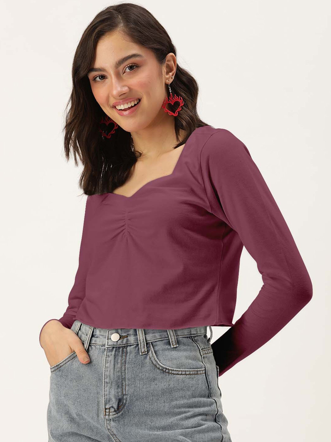 DressBerry Purple Solid Sweetheart Neck  With Long Sleeves Crop Top