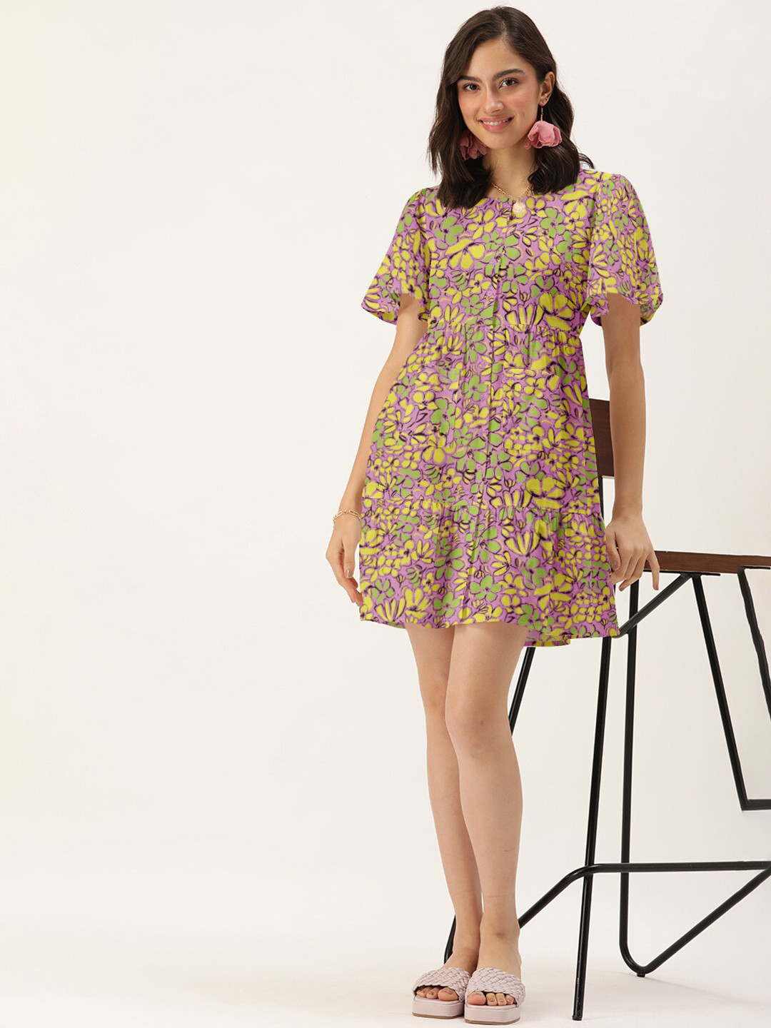 DressBerry Lavender & Yellow Printed  A-Line Dress