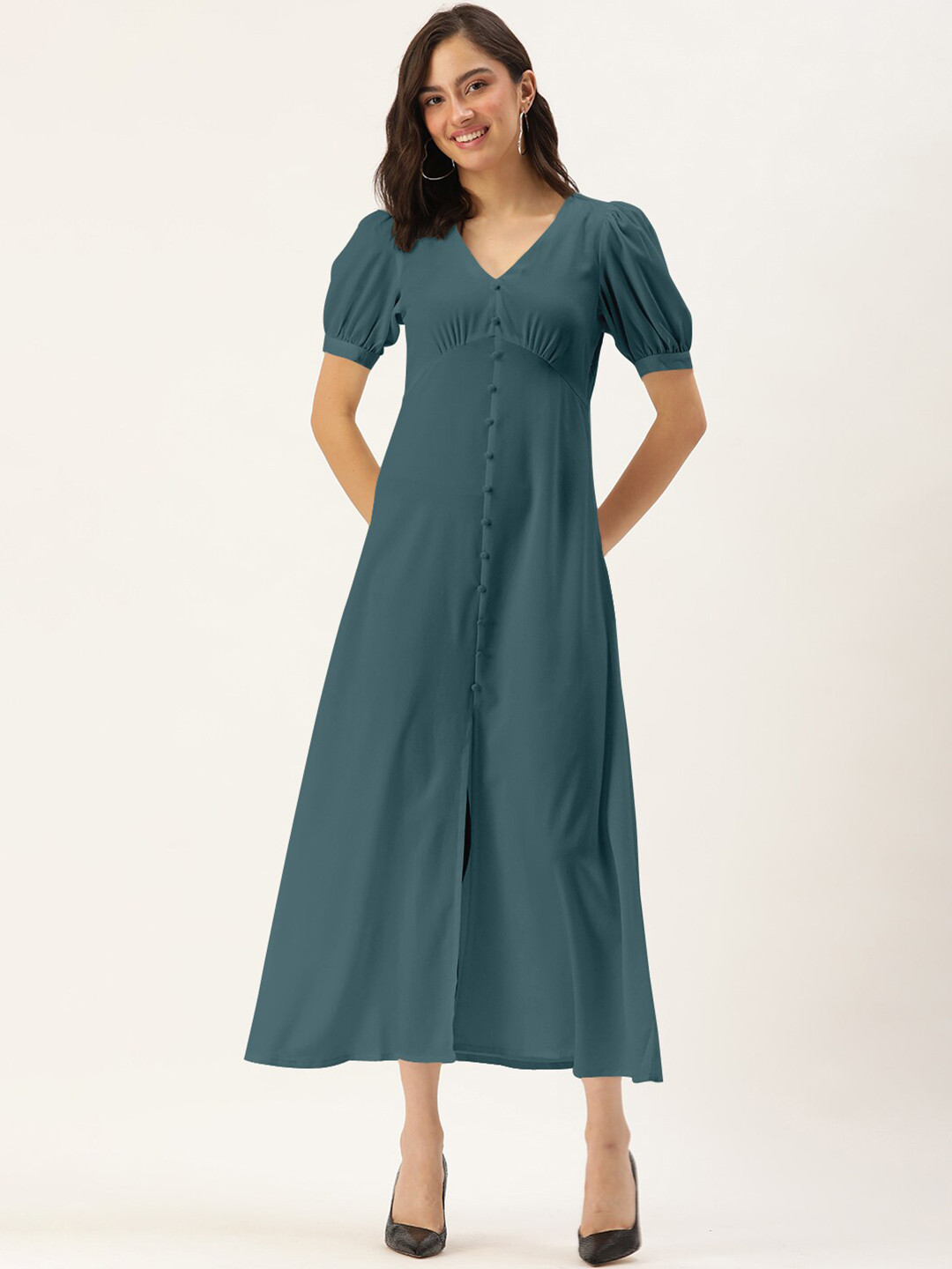 DressBerry Women Teal Solid Midi A-Line Dress