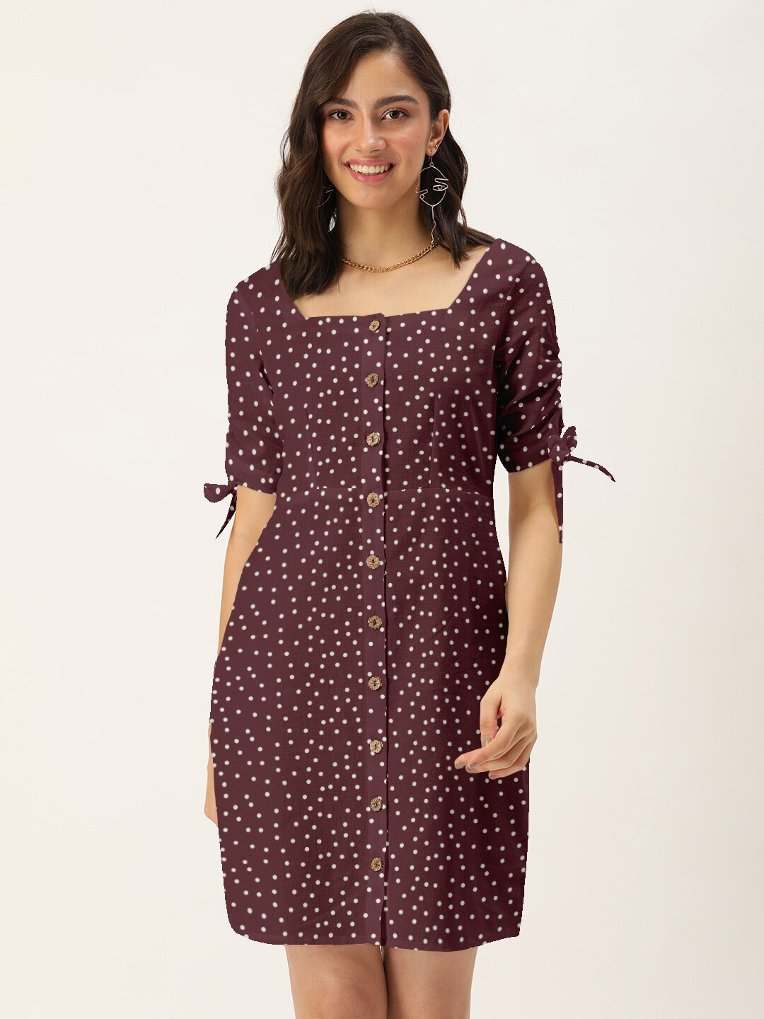 DressBerry Purple Printed Square Neck Tie-Up Sleeves Dress