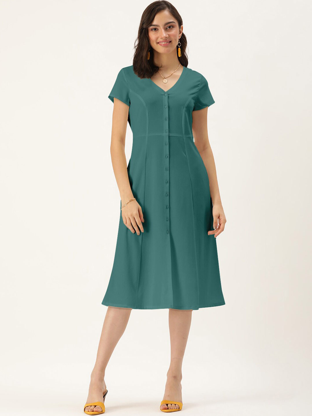 DressBerry Women Solid Teal Front Button Down A-Line Dress