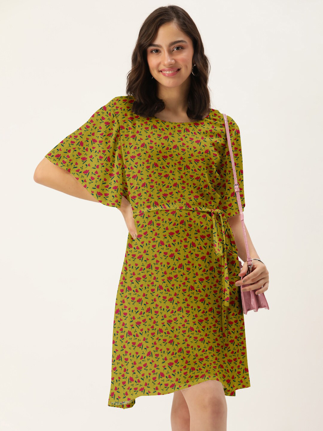 DressBerry Yellow Floral Crepe A-Line Dress