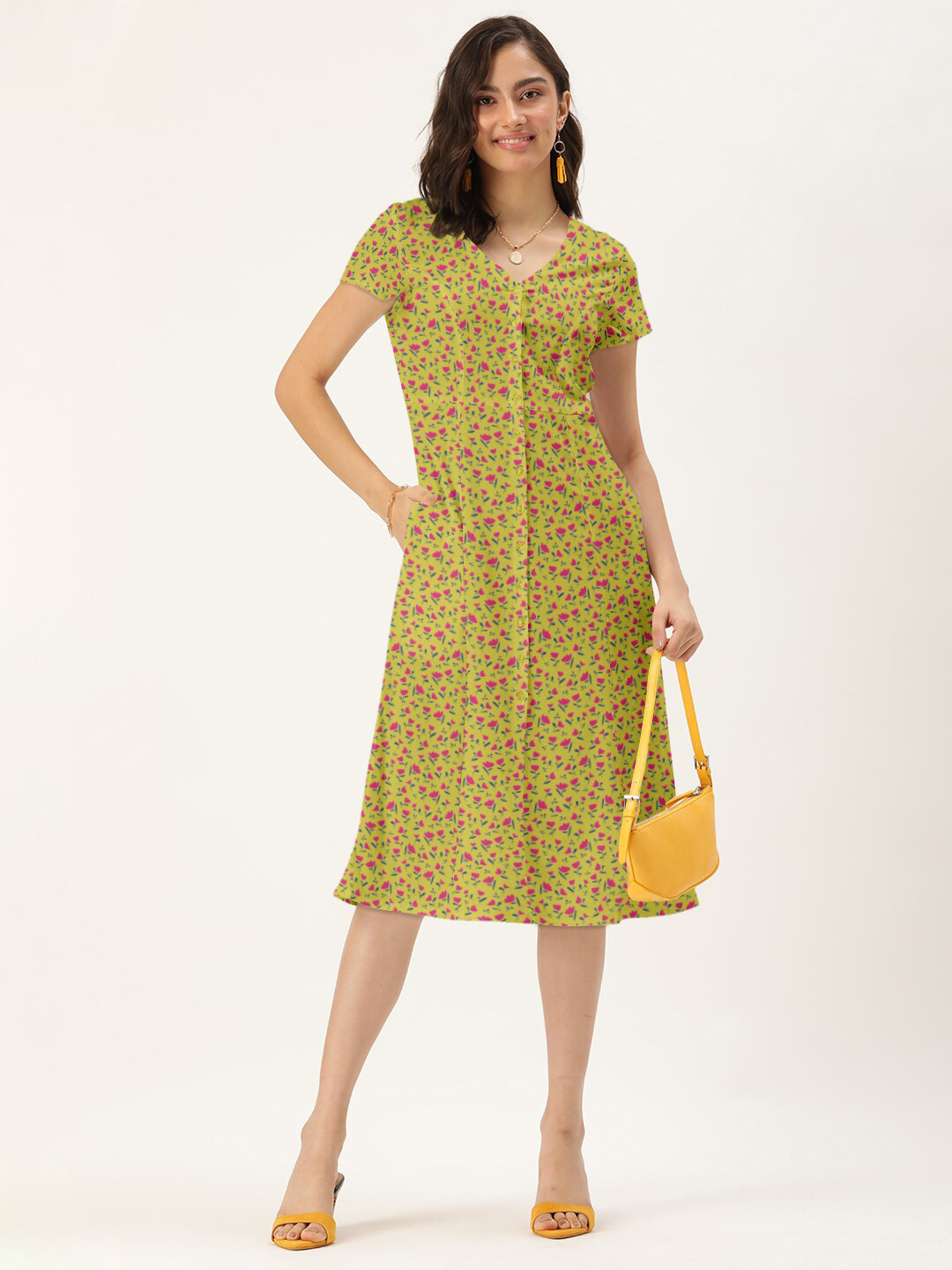 DressBerry Yellow Printed Front Button Down Knee Length Dress