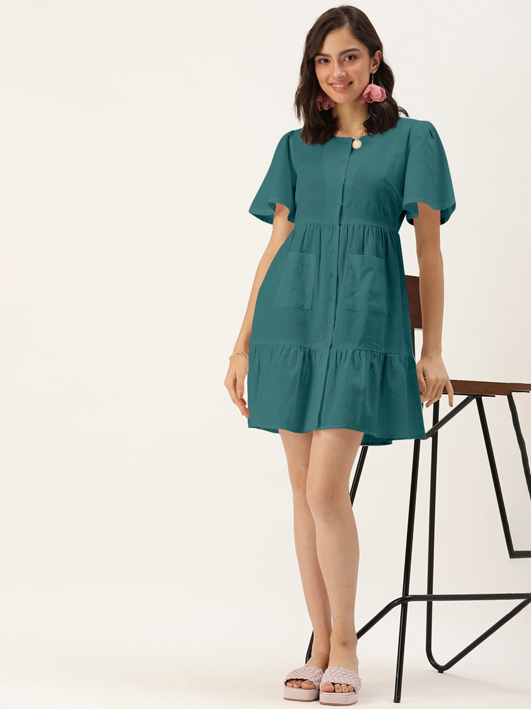 DressBerry Women Teal Solid Flared Sleeve A-Line Dress