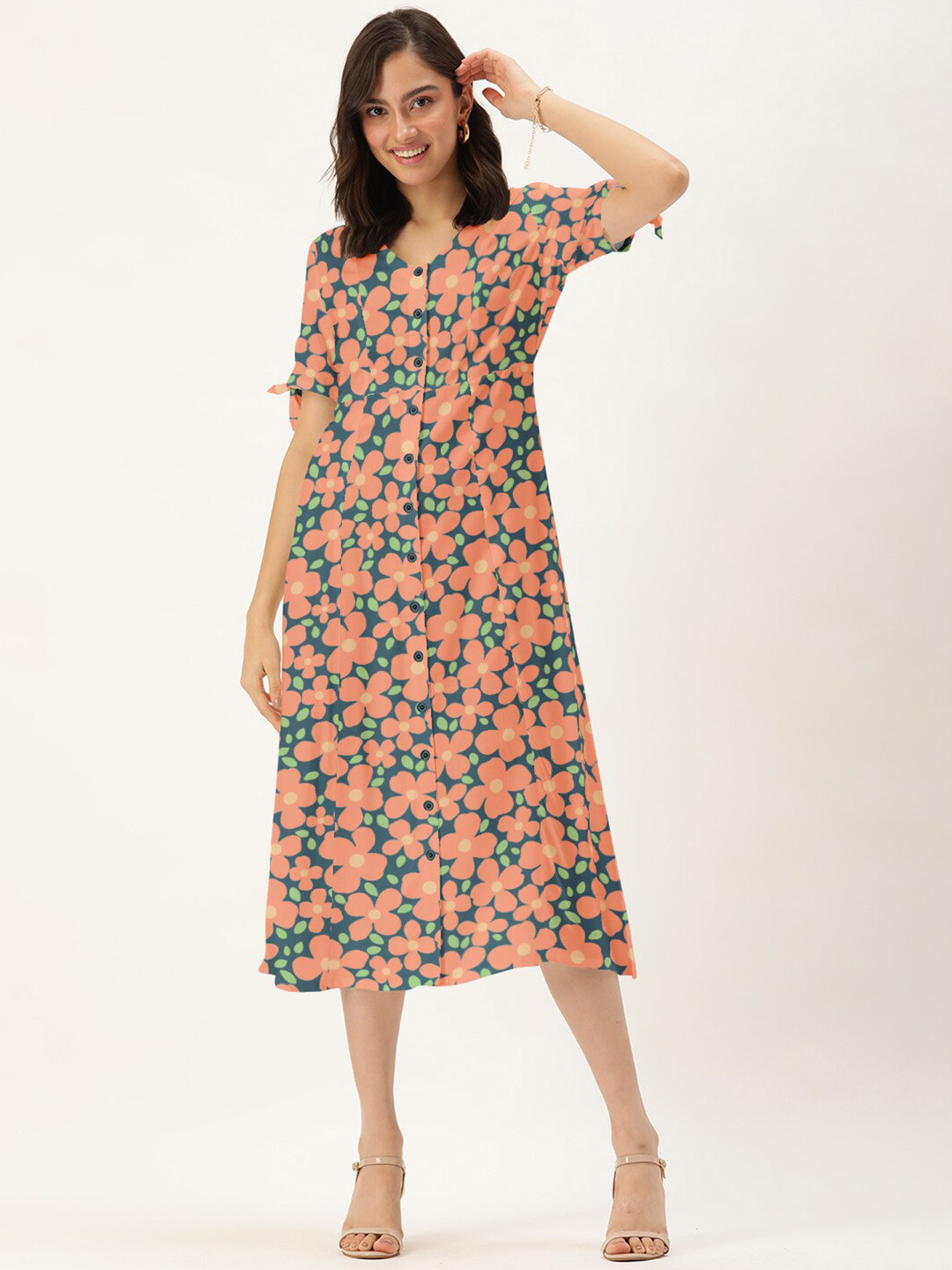 DressBerry Women Peach-Coloured Floral Printed Panelled Fit & Flare Midi Dress
