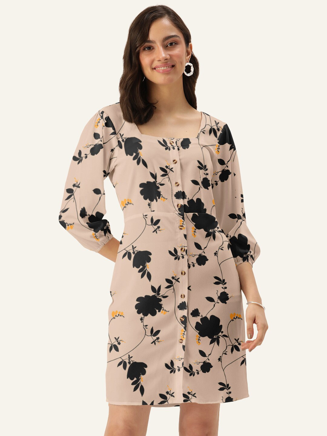 DressBerry Women Beige & Black Floral Sheath Mini Dress