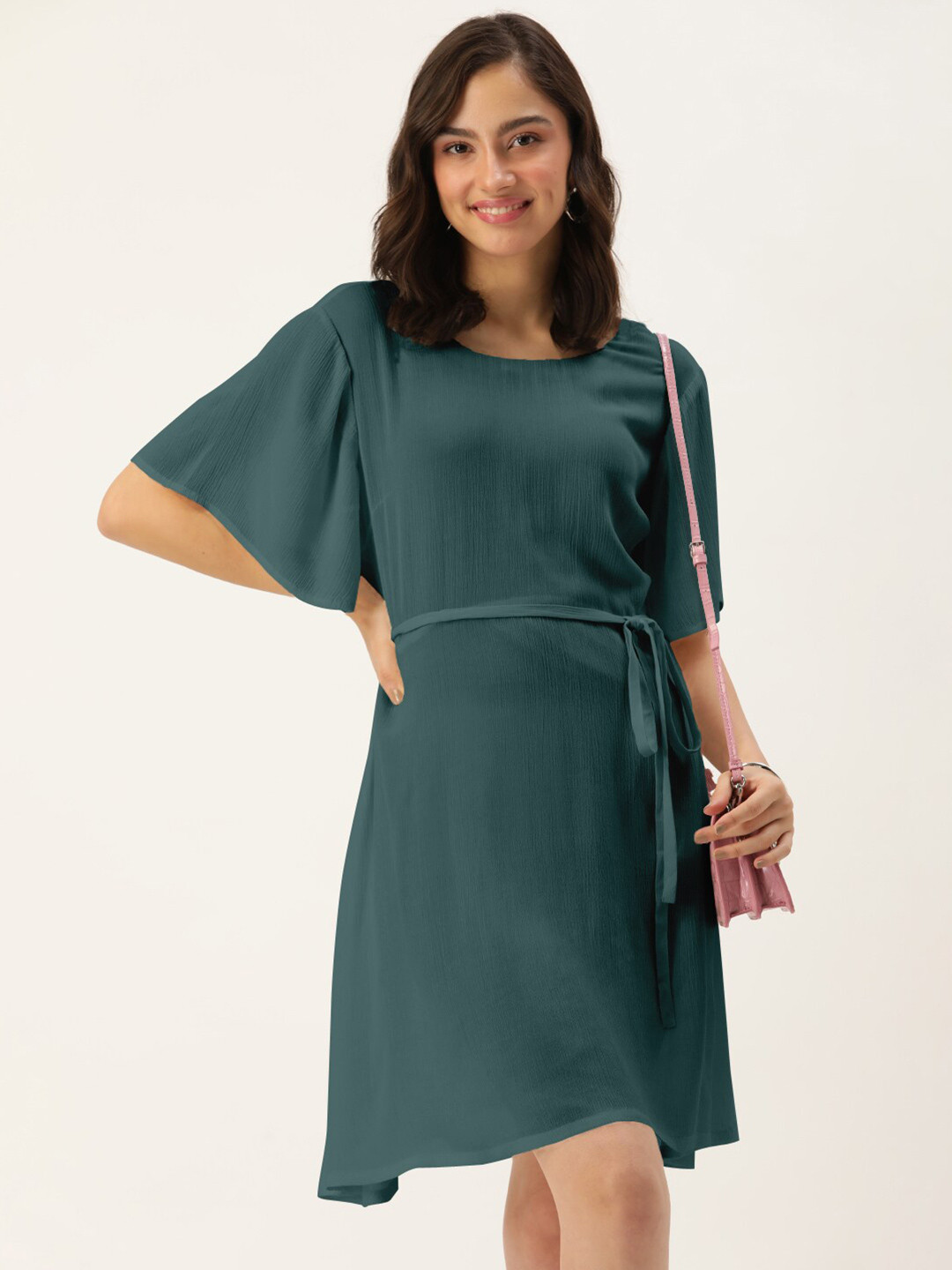 DressBerry Teal Green Flutter Sleeves Crepe A-Line Dress